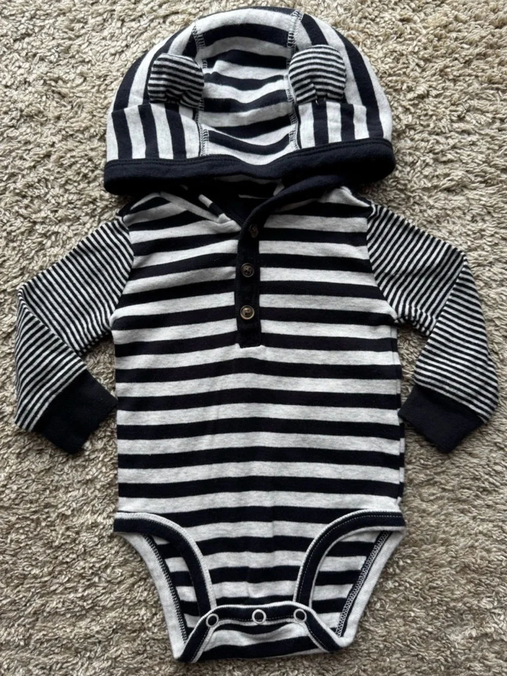 Carter’s 3M Striped Hooded Bear Ear Long Sleeve Bodysuit Black White